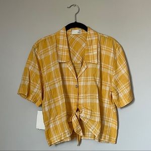NWT Wilfred Free Aritzia Yellow Plaid Front Tie Collared Shirt